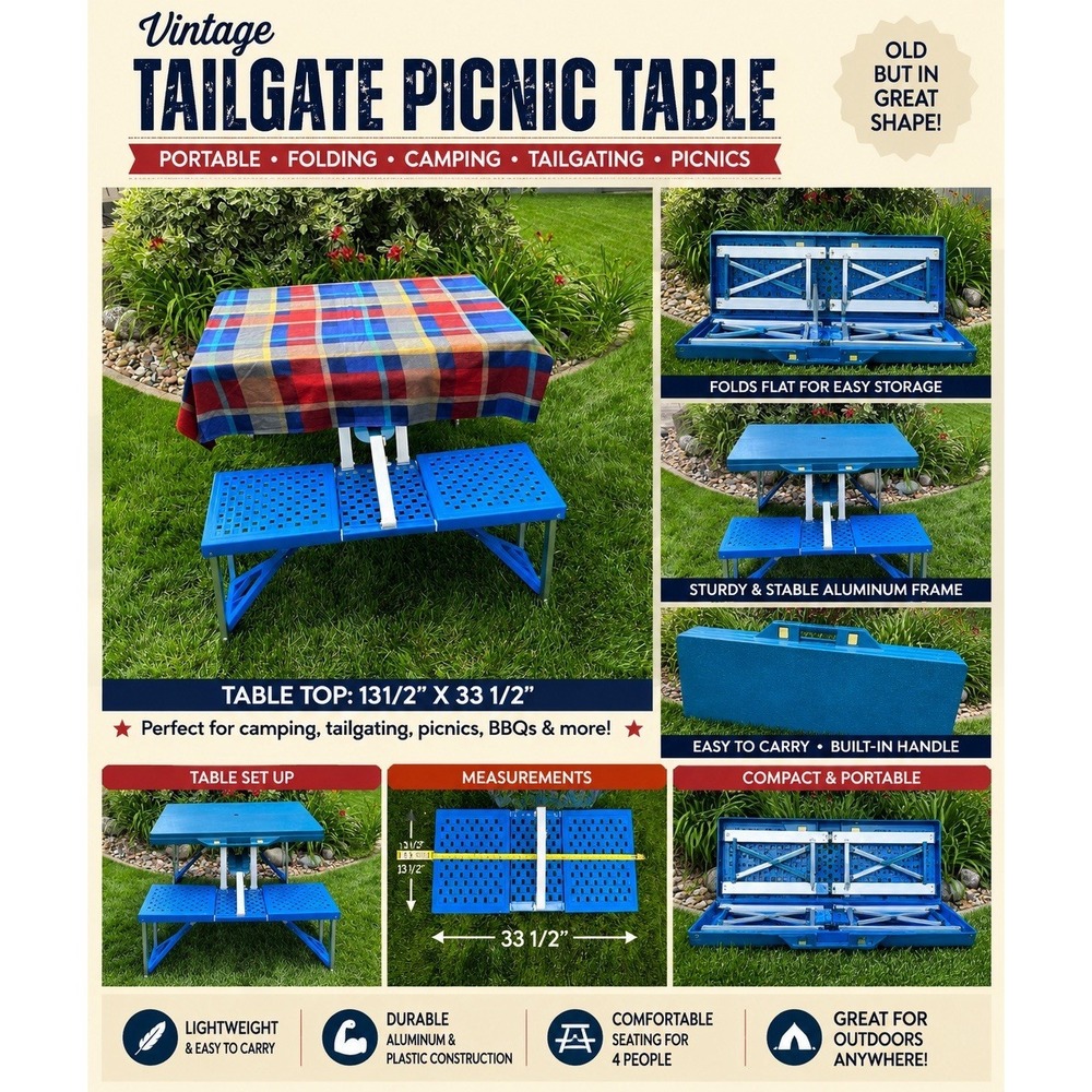 Vintage Handy Folding Suitcase Picnic Table and Chair Set Blue Retro New Mad Men